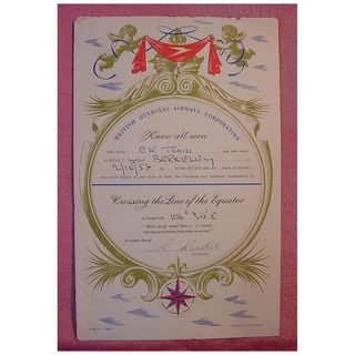 BOAC Equator Certificate Dated 2/10/1956