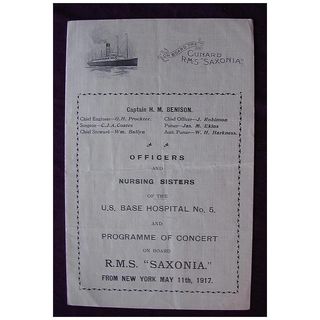 Vintage Cunard Liner RMS Saxonia 1917 Concert Program