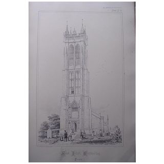 Stunning Large 1858 Lithograph of SAINT JOHN'S - Glastonbury - Somersetshire