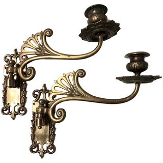 A Pair of Edwardian Art Nouveau Brass Piano Candle Holders