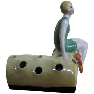 Art Deco 'Flapper' Porcelain Hat Pin Holder / Flower Frog - Circa 1920's Germany
