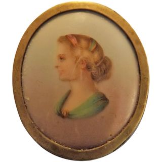 Victorian Brooch Hand Painted on Porcelain With Jet Mount