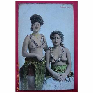 Vintage Hand Tinted Photo Postcard of Topless Samoan Girls