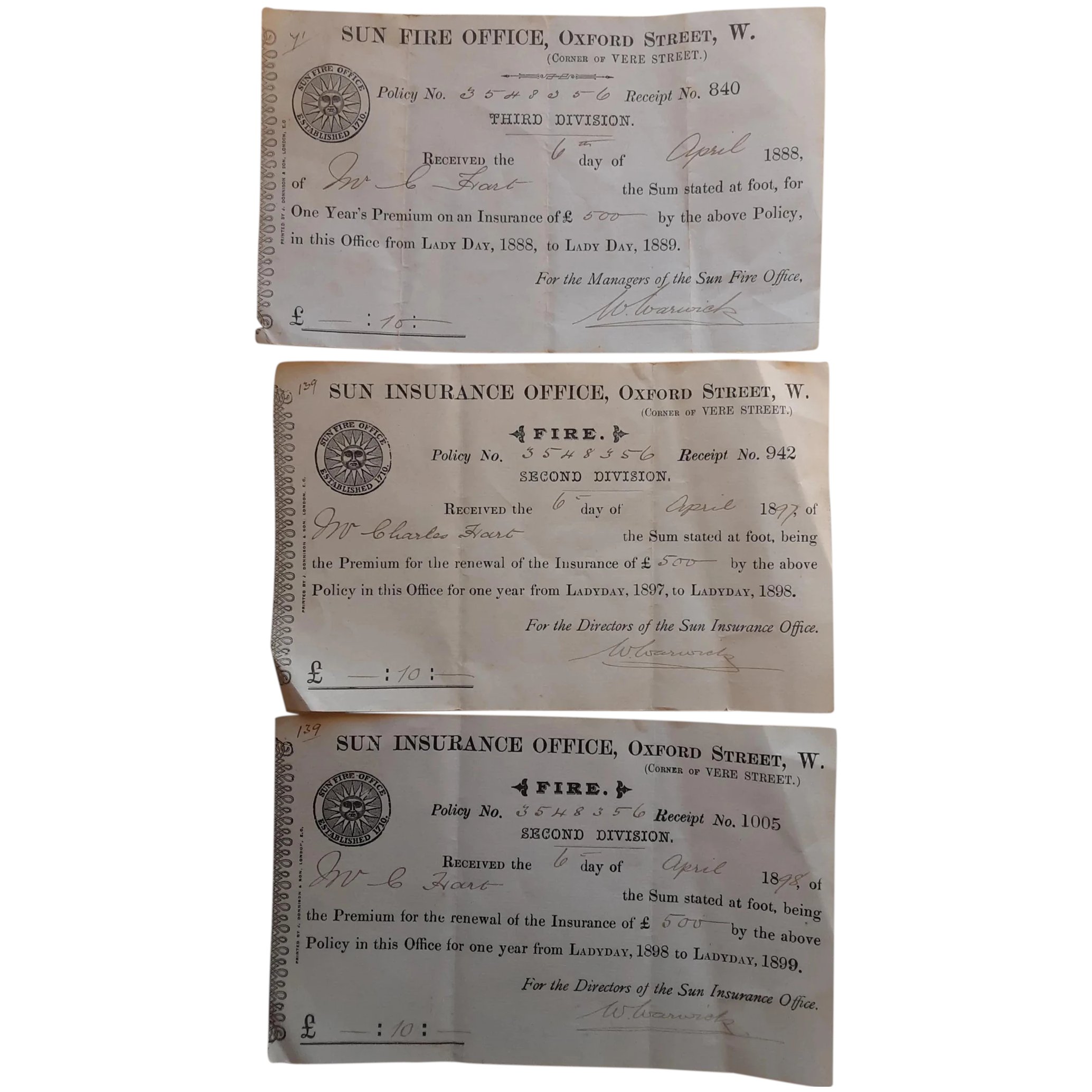 Three Victorian SUN Insurance Receipts