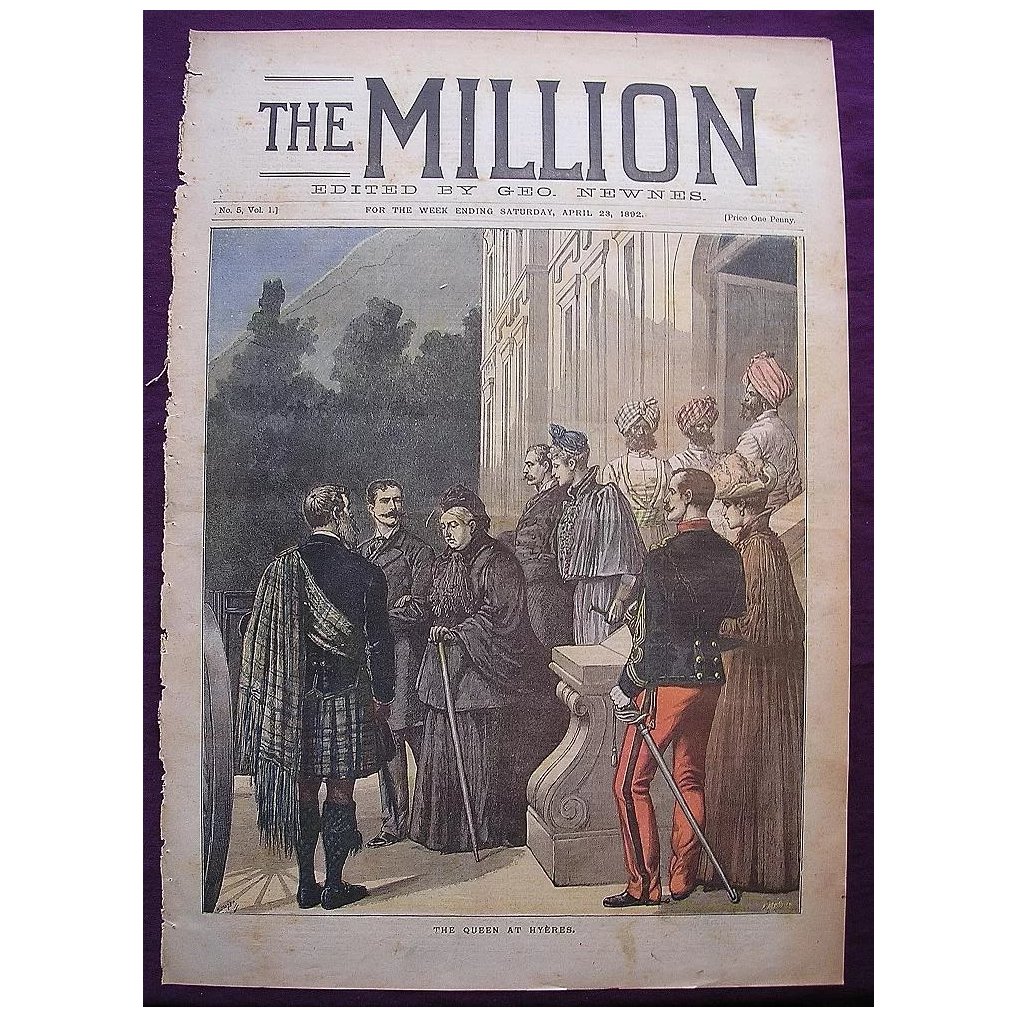 1892 Front Cover Of THE MILLION Newspaper 'The Queen At Hyeres'