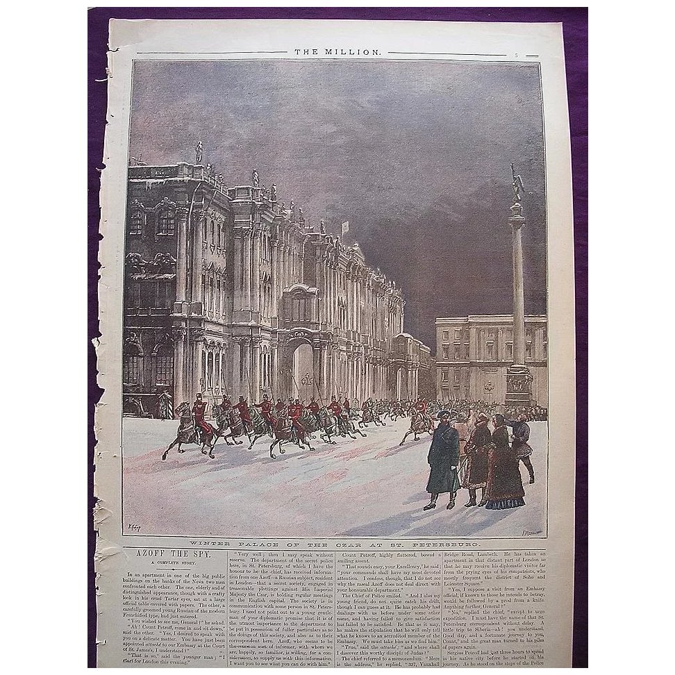 1892 Engraving From THE MILLION Newspaper Titled 'Winter Palace Of The Czar At St. Petersburg'