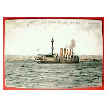 Vintage 1907 Postcard H.M.S. POWERFUL in Auckland Harbour