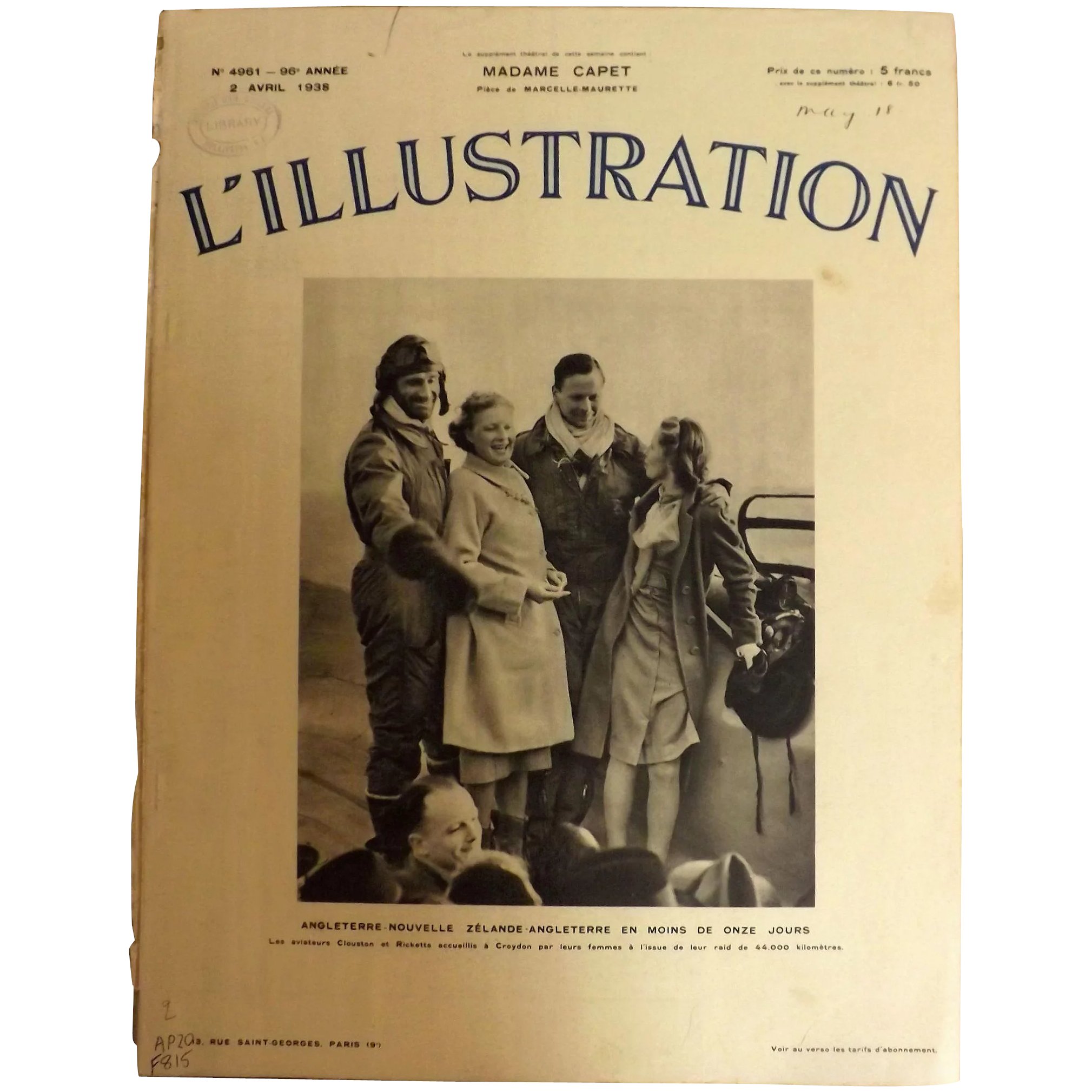 L'IIlustration French Magazine Original FRONT COVER 1938 - World Record Flight
