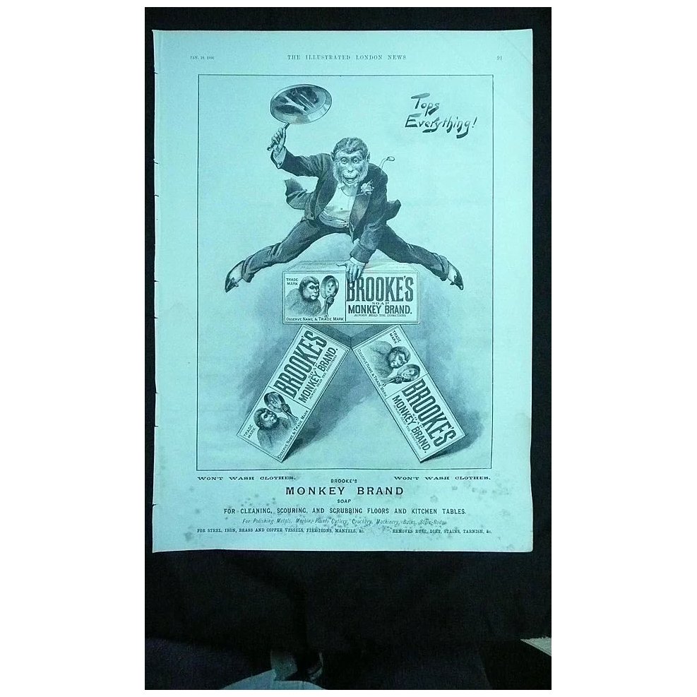 BROOKE'S Monkey Brand SOAP - Original Full Page Advert Illustrated London News January 1896