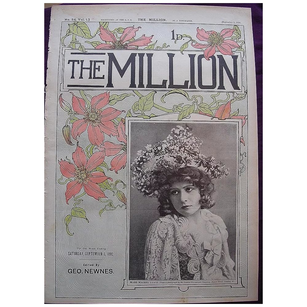 1892 Front Cover From THE MILLION Newspaper - Actress - 'Miss Mabel Love'