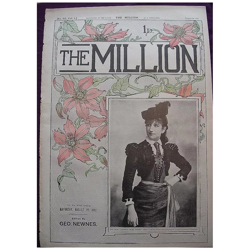 1892 Front Cover Of THE MILLION 'The New Carmen -Miss Sigrid Arnoldson'
