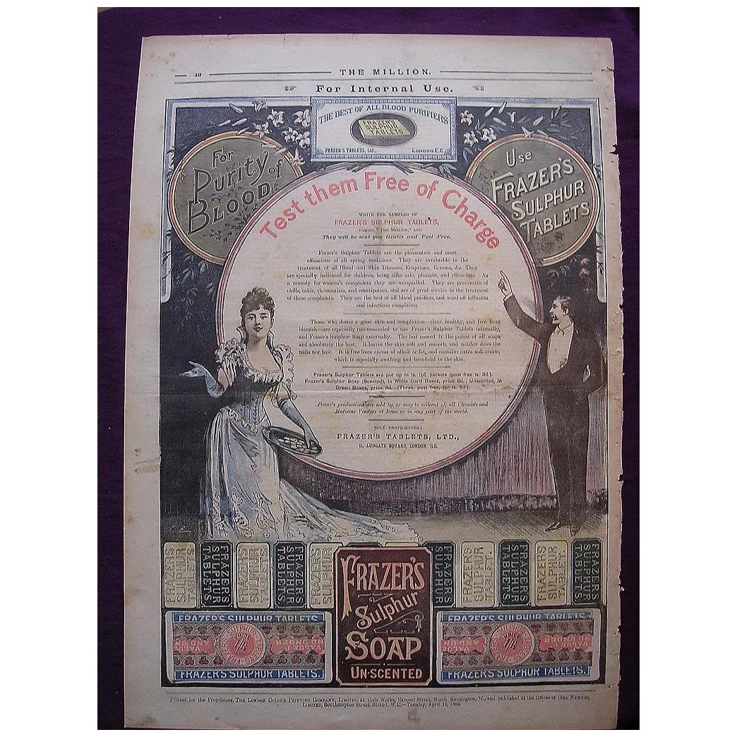 Victorian Full Page Advert for FRAZER'S Sulphur Tablets From THE MILLION Newspaper April 1892
