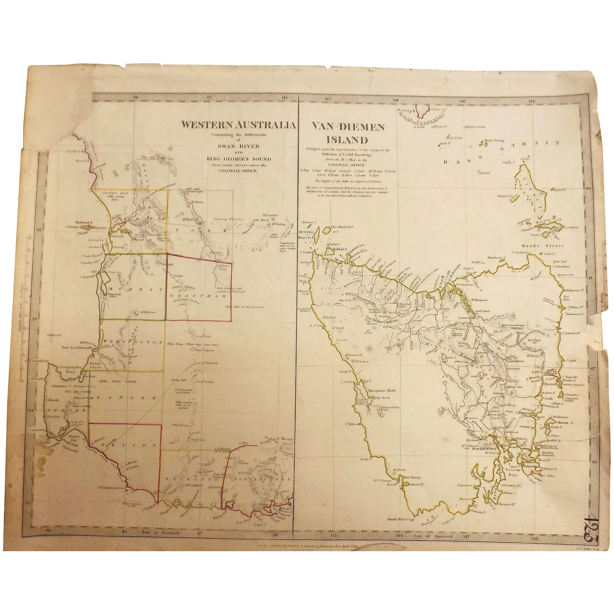 Rare MAP of Western Australia & Van-Dieman Island - By Baldwin & Cradock - London April 1833
