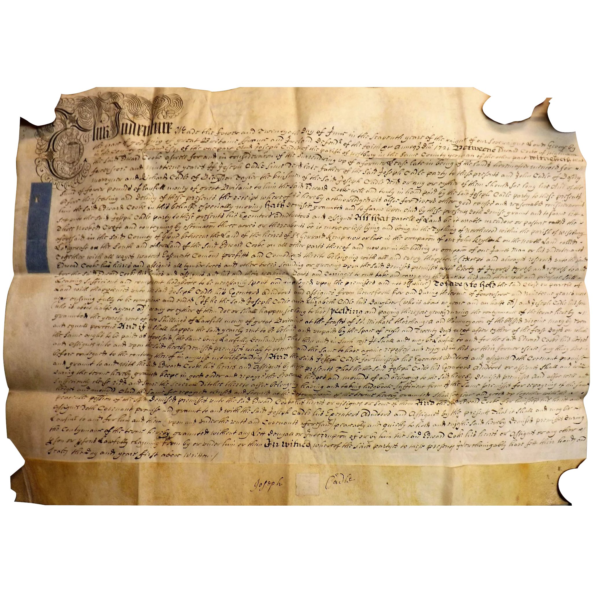 18th Century English Indenture Vellum Document - 1721 - King George 1st