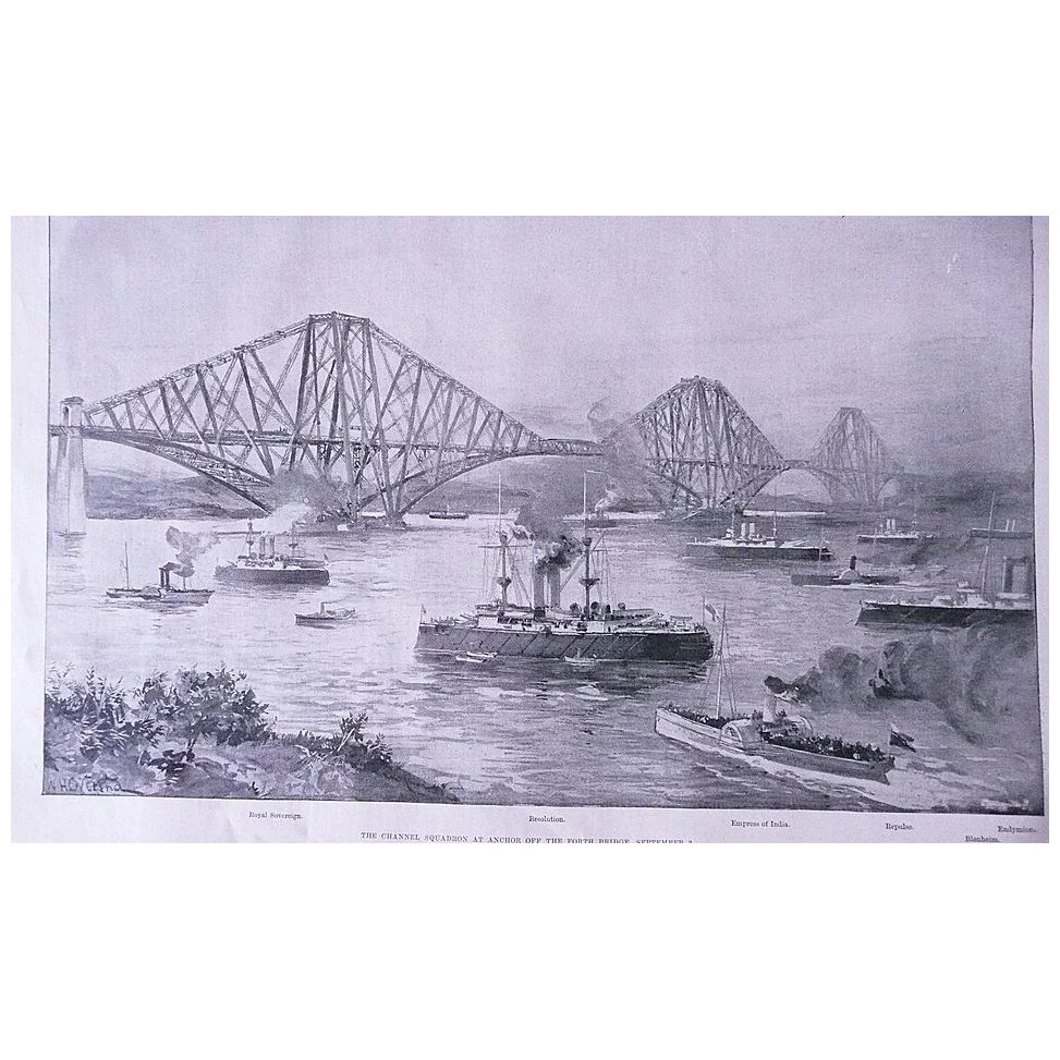 'The Channel Squadron at Anchor off The Forth Bridge' Full Page from The London Illustrated News September 1895