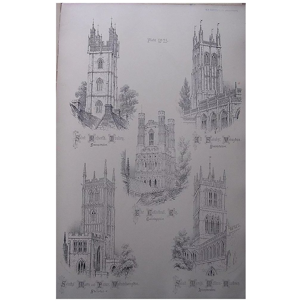 Stunning Large 1858 Lithograph of St. MICHAEL'S - Dundry: ALL SAINTS - Wrington: THE CATHEDRAL - Ely: St. MARY & St. PETER - Wolverhampton: St. MARY'S - Melton-Mowbray
