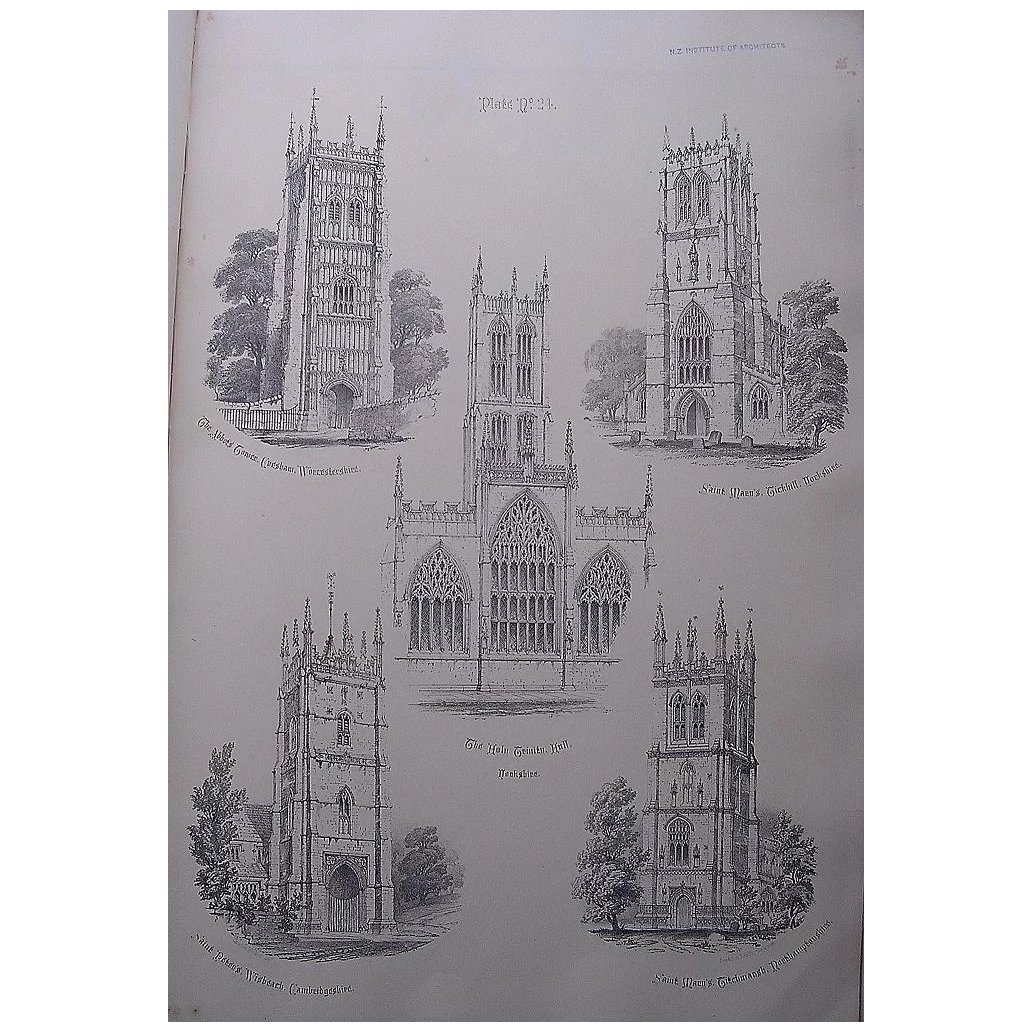 Stunning Large 1858 Lithograph of THE ABBOTS TOWER - Evesham: St. MARY'S - Tickhill: THE HOLY TRINITY - Hull: St. PETER'S - Wisbeach: St. MARY'S - Titchmarsh