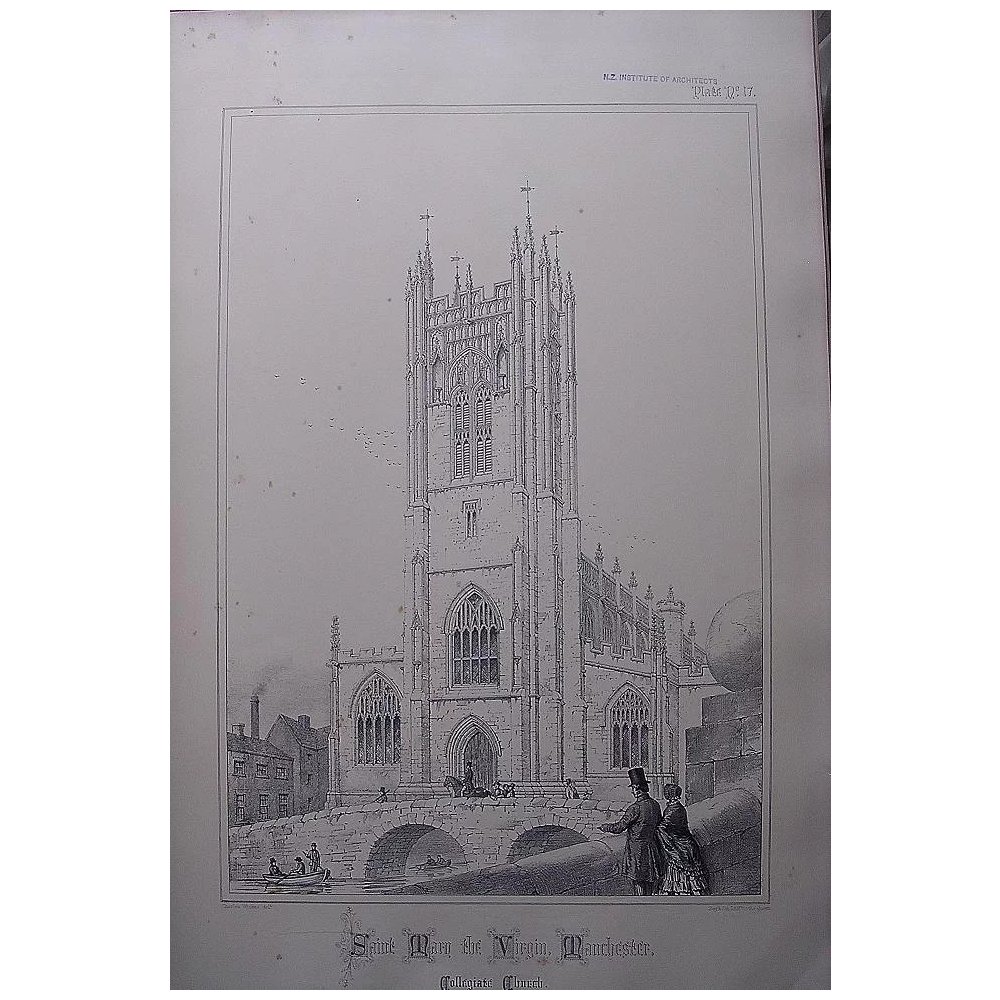 Stunning Large 1858 Lithograph of SAINT MARY THE VIRGIN Collegiate Church - Manchester - Lancashire
