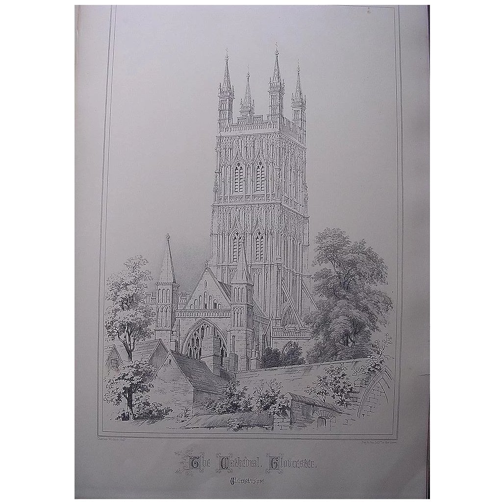 Stunning Large 1858 Lithograph of THE CATHEDRAL - GLOUCESTER - Gloucestershire