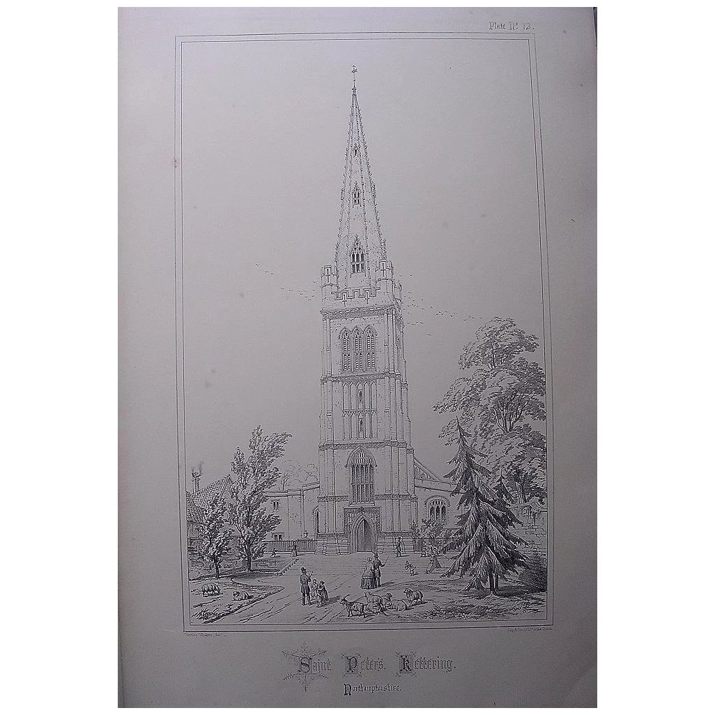 Stunning Large 1858 Lithograph of SAINT PETER'S - Kettering - Northamptonshire