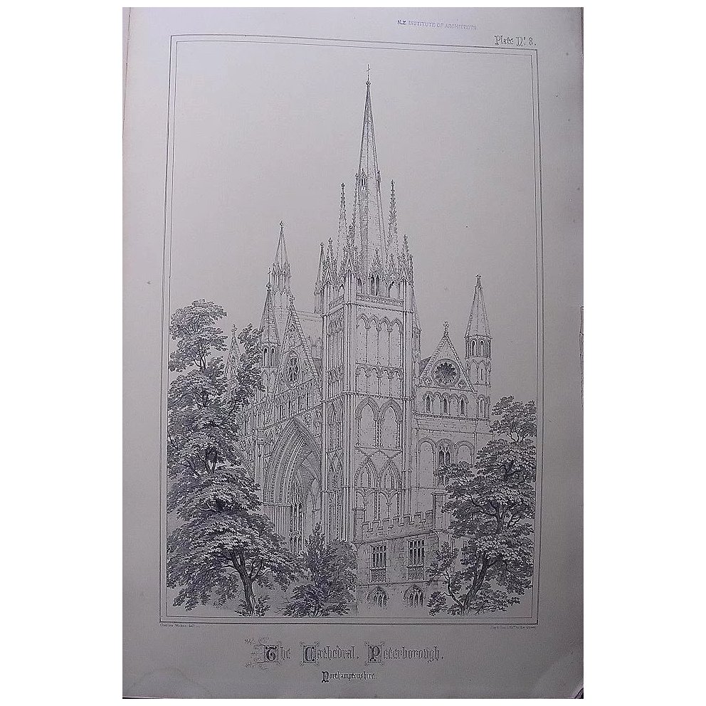 Stunning Large 1858 Lithograph of THE CATHEDRAL - Peterborough - Nottinghamshire