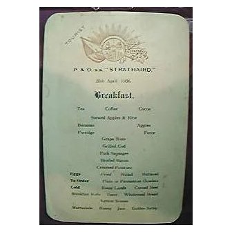 Vintage P & O LINE Shipping Menu S.S. Strathaird 1936