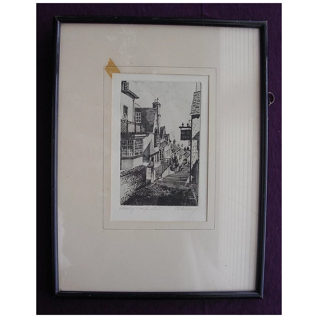 Vintage Charcoal Etching 'High Street, Clovelly' Signed