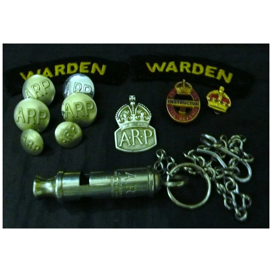 WWII British A.R.P. Warden Group of Badges & Patches & Whistle