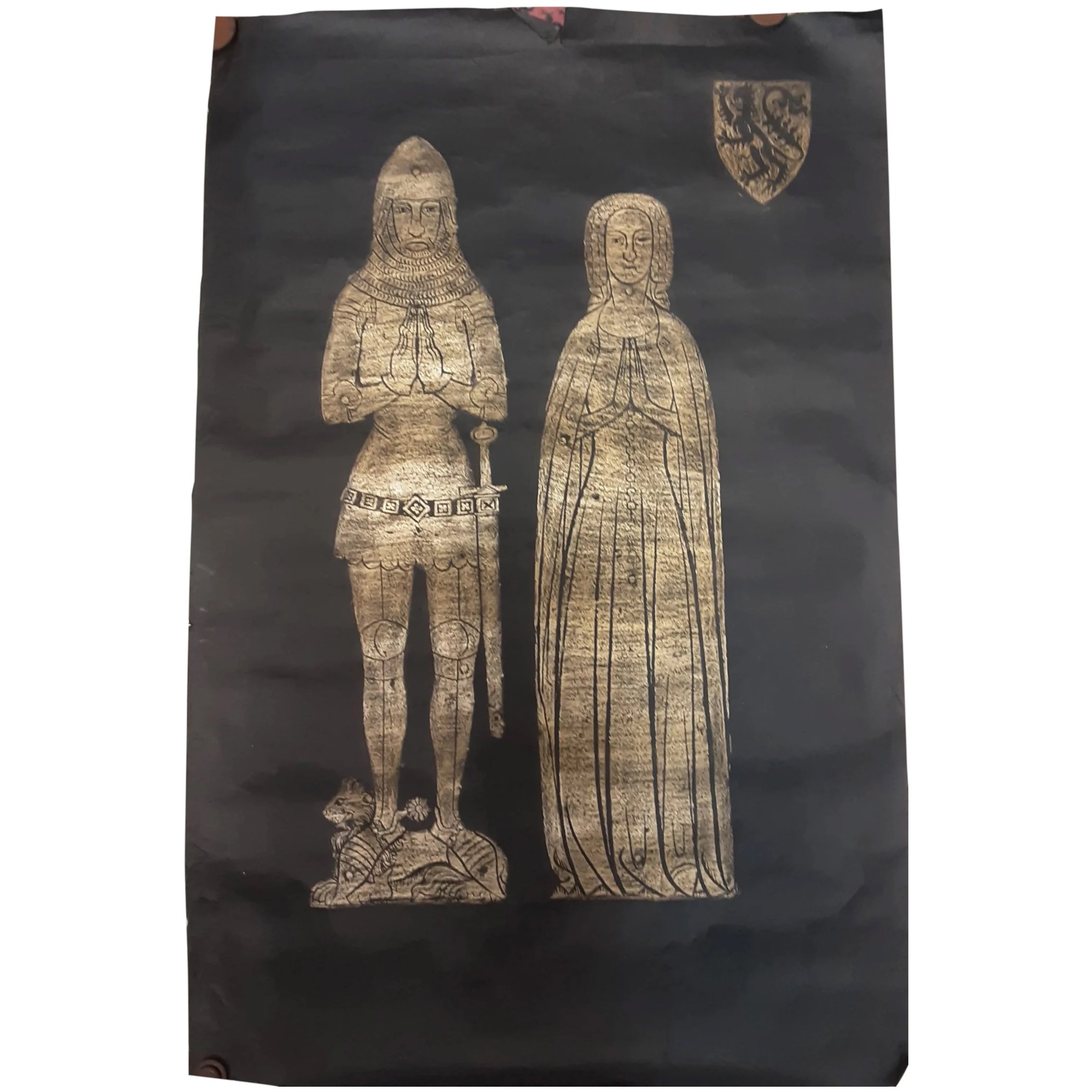 Old Large Brass Rubbing Of A Norman Knight & His Wife