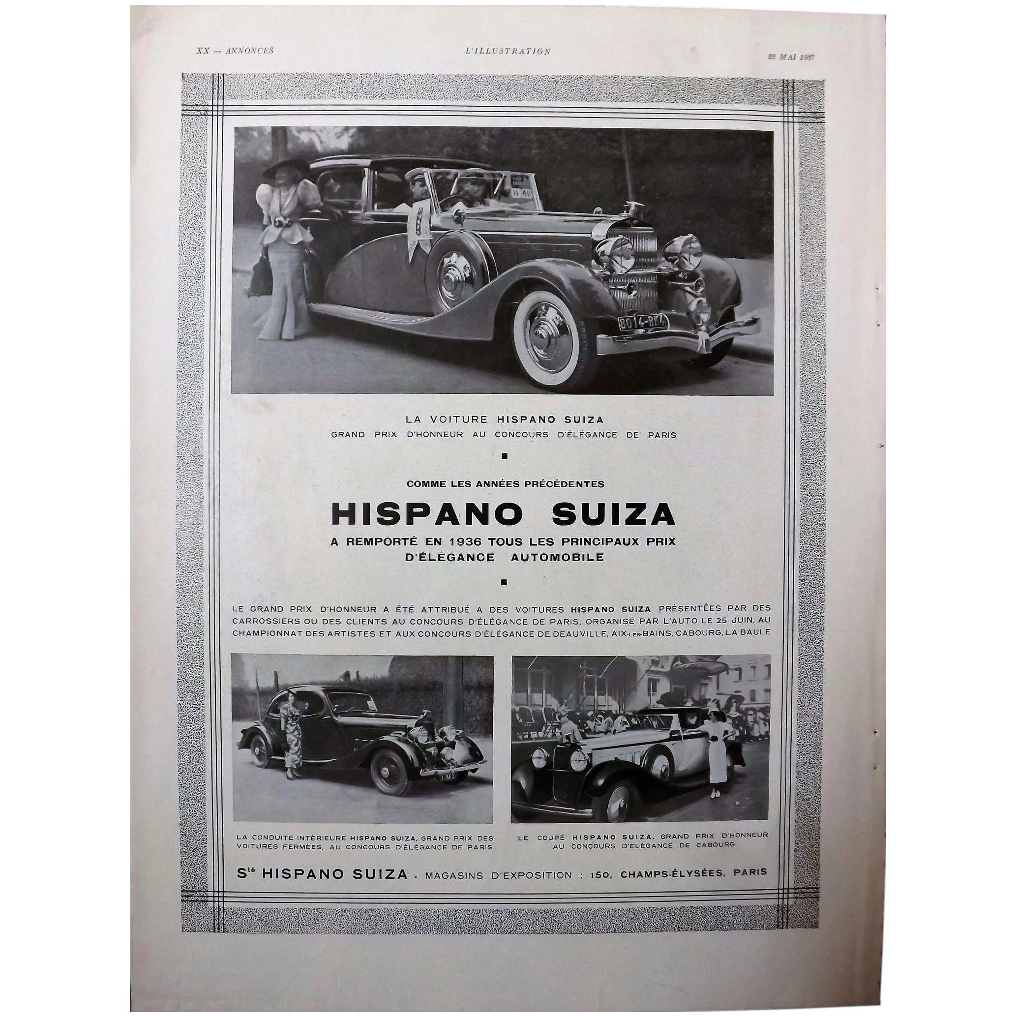 HISPANO SUIZA Art Deco Advertisement from the French Magazine L' Illustration 1937