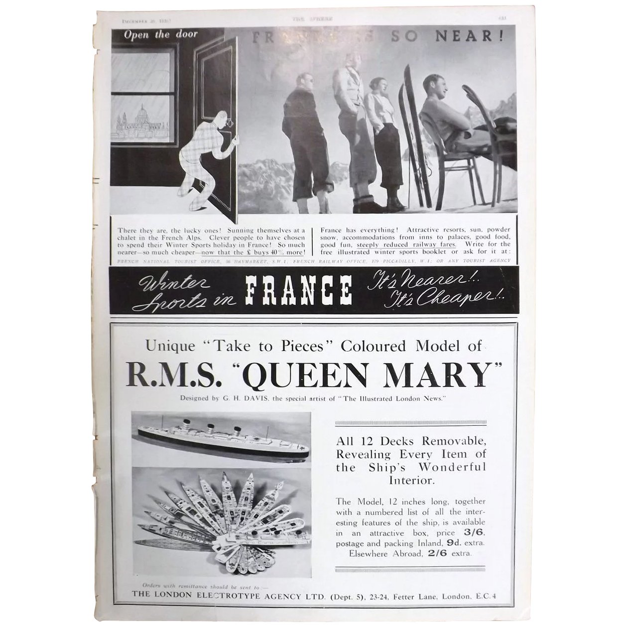 Art Deco ' Queen Mary & France' Advertisement - The Sphere 1936