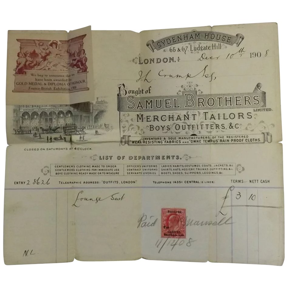 Three Old Samuel Brothers (Merchant Tailors) Receipts, London