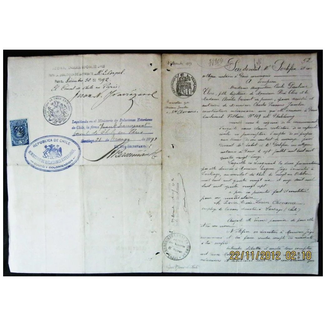 French & Chilean Legal Document - Paris Dec. 1892 & Chile 1893