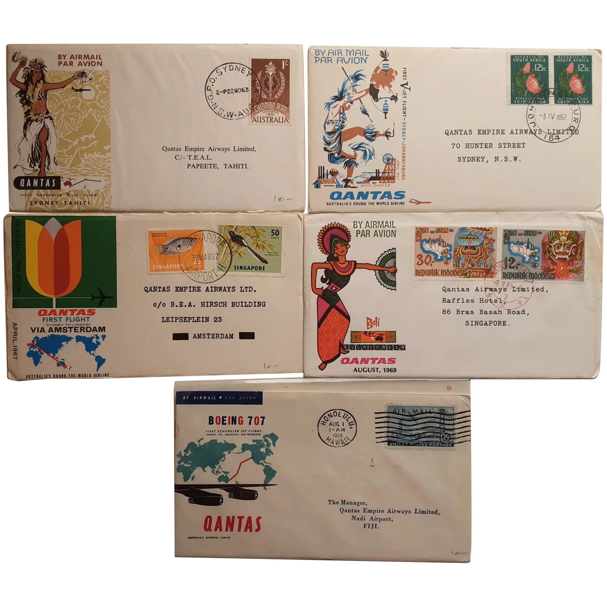 QANTAS FIve Postal envelopes