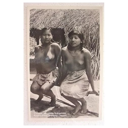 Nude South American Natives 'Pressing Cassava' Vintage Postcard