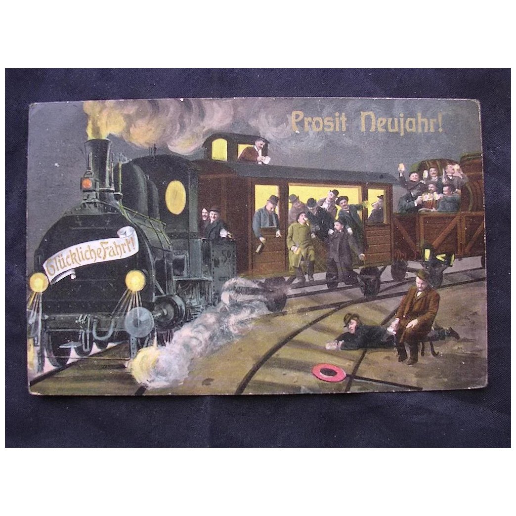 1913 German Postcard Of A Train 'Prosit Newjahr!'