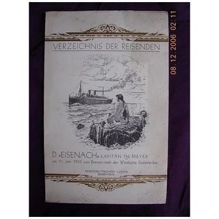 Vintage Ships Menu D.EISENACH, Norddentscher Lloyd Bremen